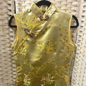 Vintage Gold Gorgeous Sleeveless Chinese Cocktail Midi Dress - Medium